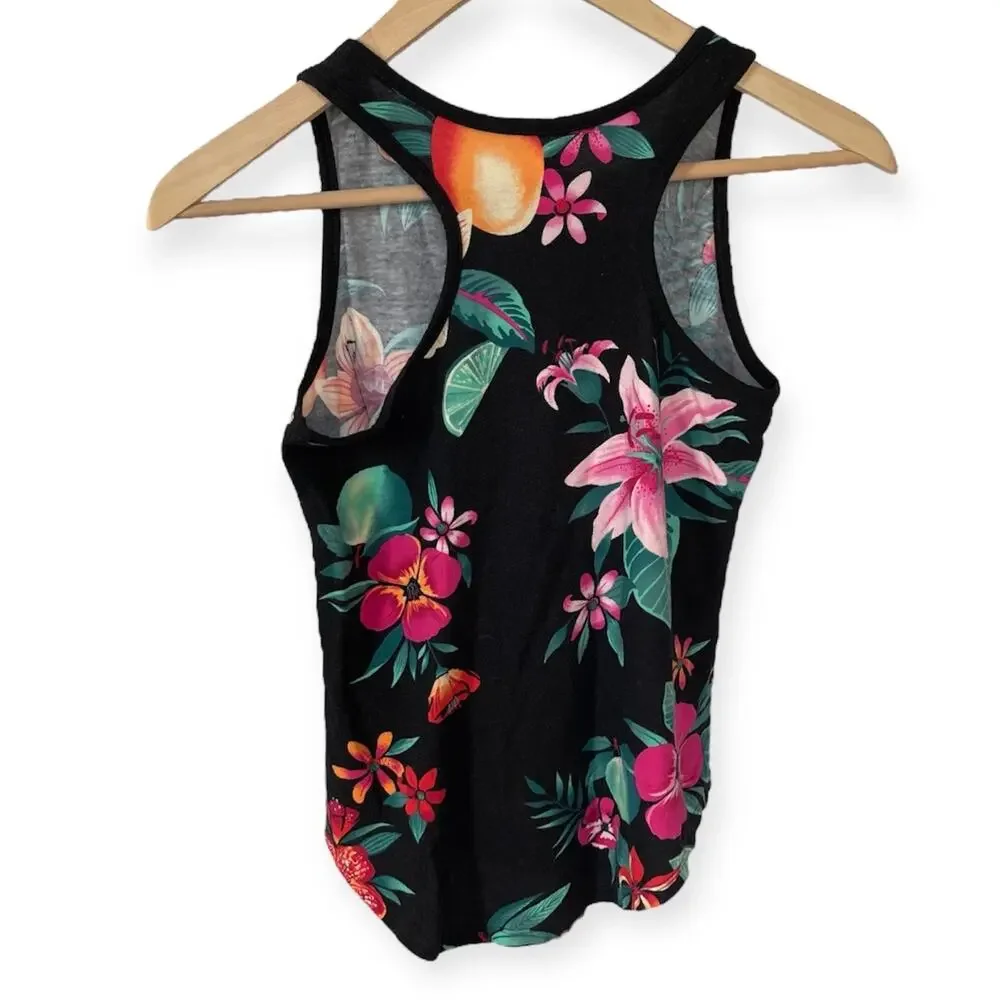 Girls L 10-12 Old Navy Bright Tropical Floral Black Sleeveless Softest Tank Top